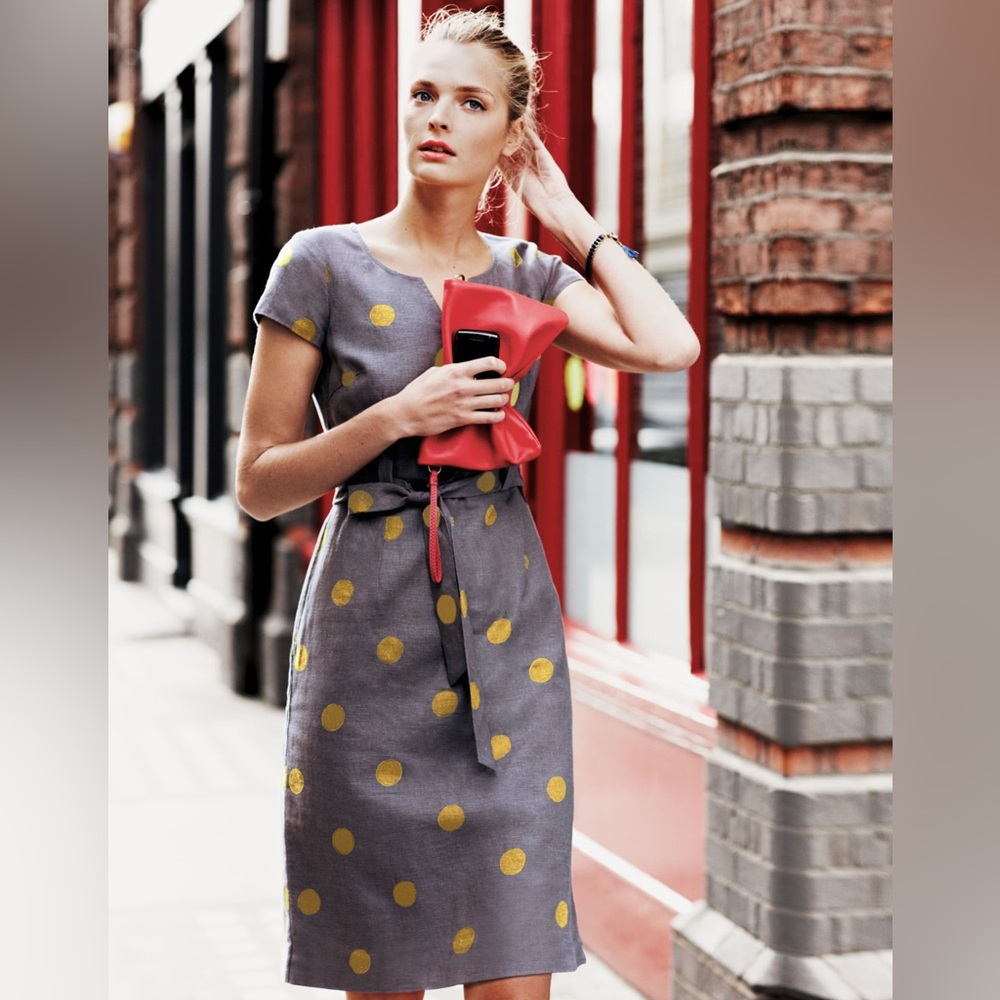 Boden Gray Midi Dress with Yellow Polka Dots and Belt